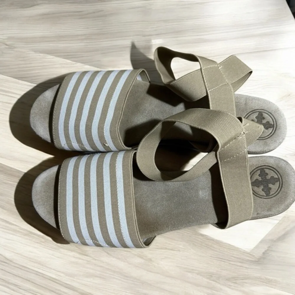 Charleston Shoe Co. Wedge Sandals Women 10 Tan Striped Elastic Platform Casual